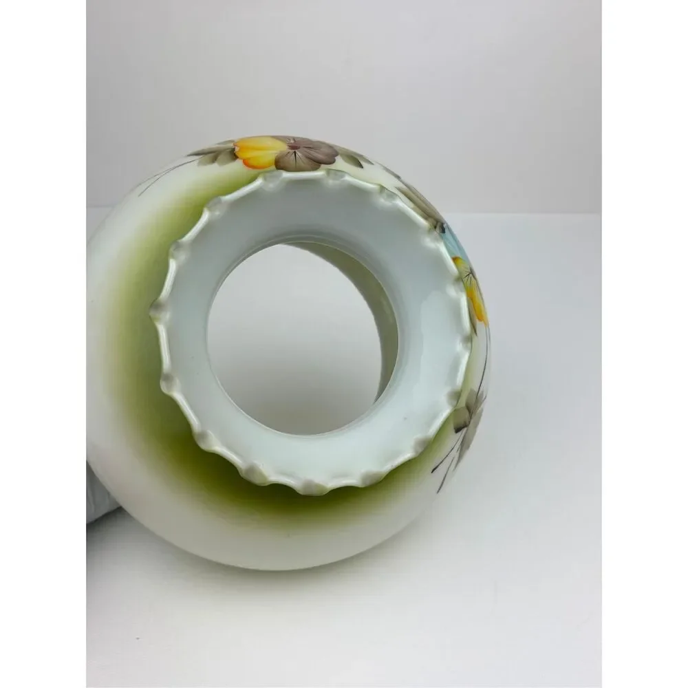 Vtg GWTW Glass Lamp Shade Hand Painted Green Floral Ruffled Top, 7